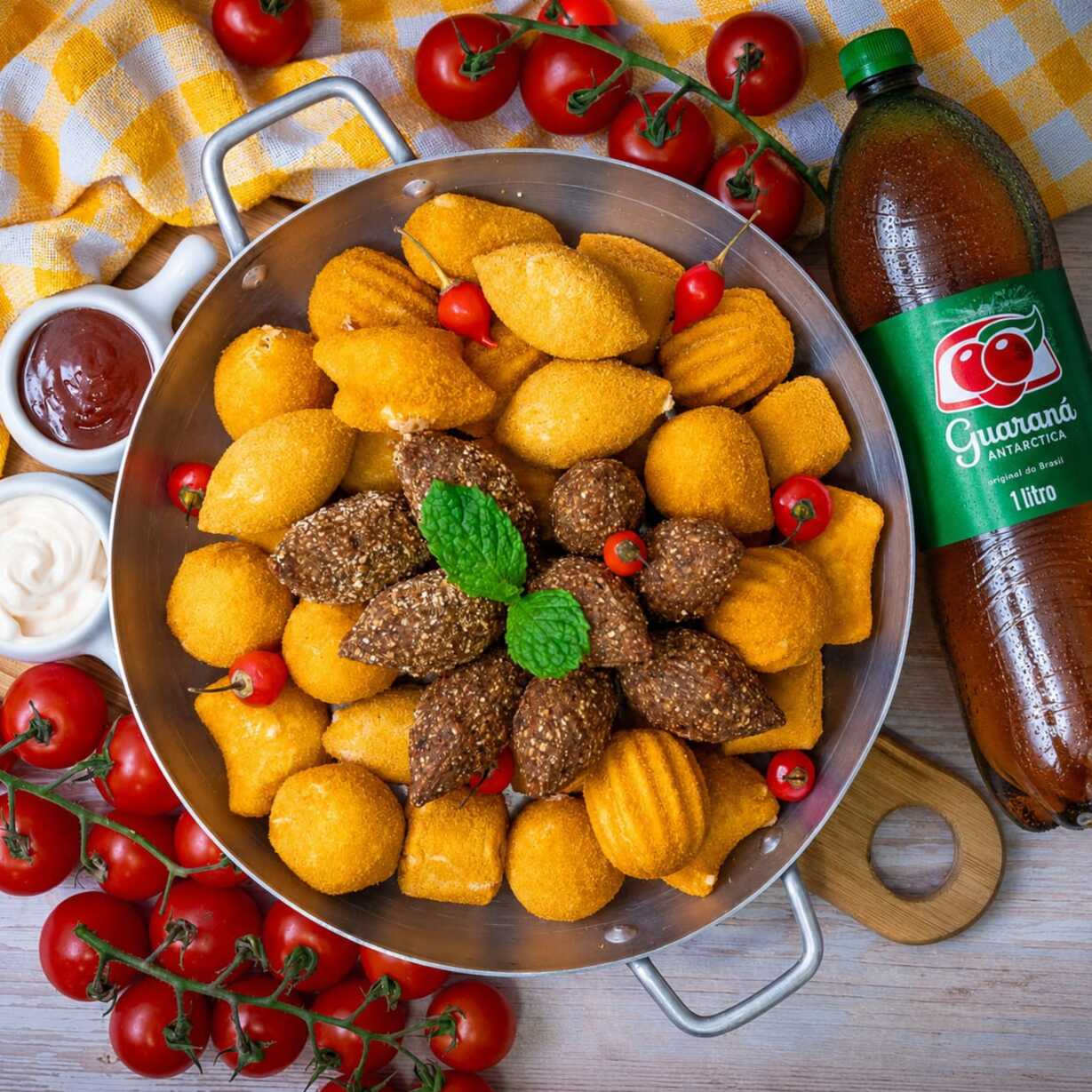 50 mini salgados sortidos sequinhos ,crocantes e quentinho acompanhado de um guaraná geladinho
