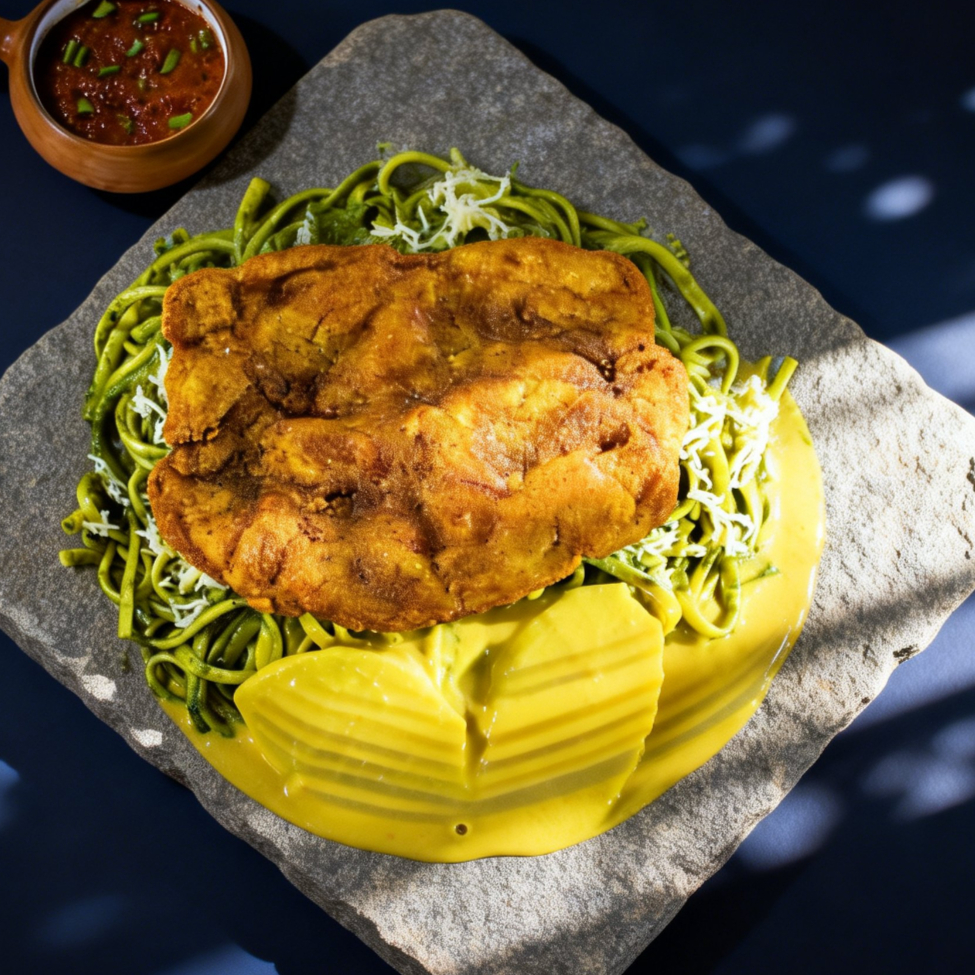 Tallarín al Pesto con Milanesa