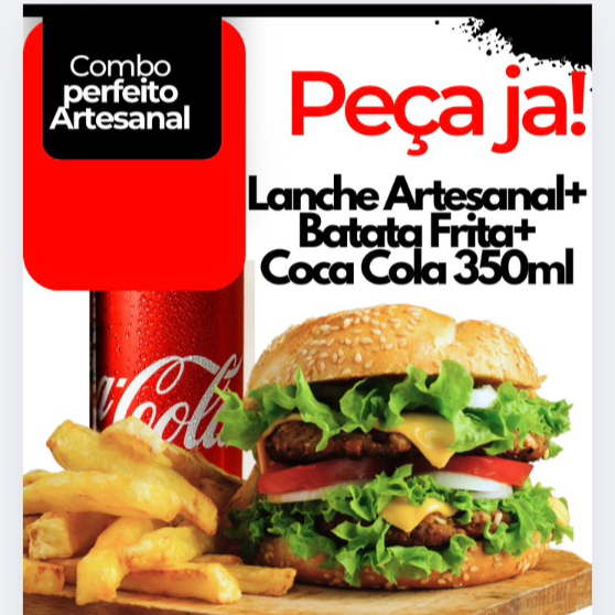 Combo Imperdivel: Lanche Artesanal + 300 batata Frita c/ cheddar e bacon ( peso pré frita)+ Coca cola 350ml