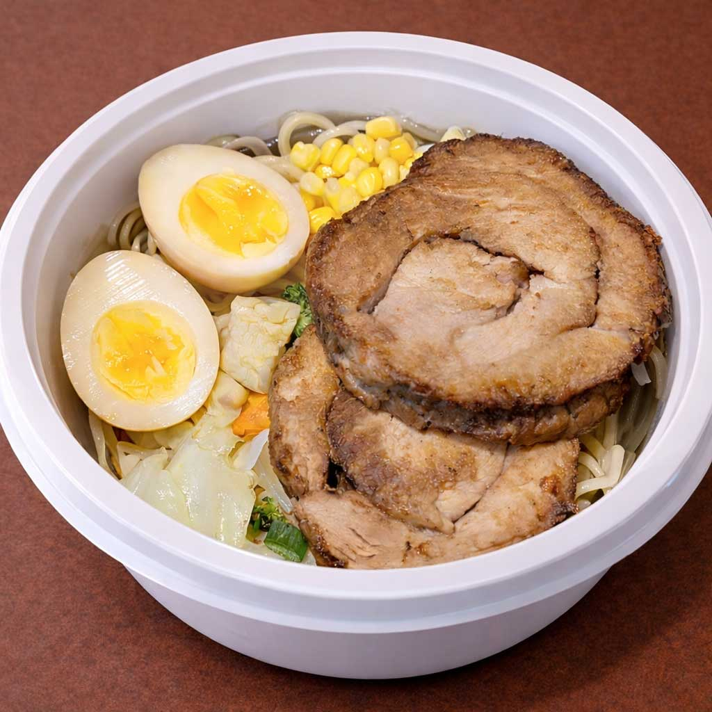 Misso lamen tyashu (copa lombo) vai ovo com gema cremosa, legumes refogados e 2 fatias de tyashu (copa lombo). O caldo vai em uma embalagem separada para conservar a qualidade dos ingredientes, principalmente a massa do lamen. (imagem ilustrativa) Nosso misso lamen é preparado com o caldo de galinha de produção própria que leva mais de 6 horas para ficar pronto. Também na pasta de misso são acrescentados mais 10 temperos japoneses e orientais para acrescentar mais sabor ao caldo. A massa utilizada tem 30cm de comprimento seguindo a tradição dos melhores lamenyas do Japão, inclusive com farinha de trigo importada. O resultado é um lamen preparado com muito cuidado e carinho e com sabor que irá surpreender.