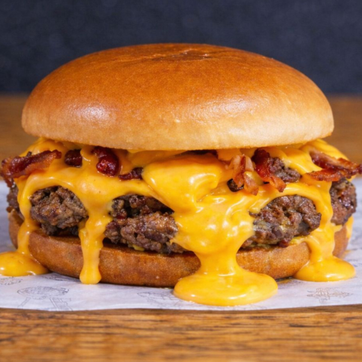 Hambúrguer artesanal, queijo cheddar, bacon crocante, molho cheddar cremoso e cebola caramelizada. Um burger intenso, cremoso e cheio de sabor.