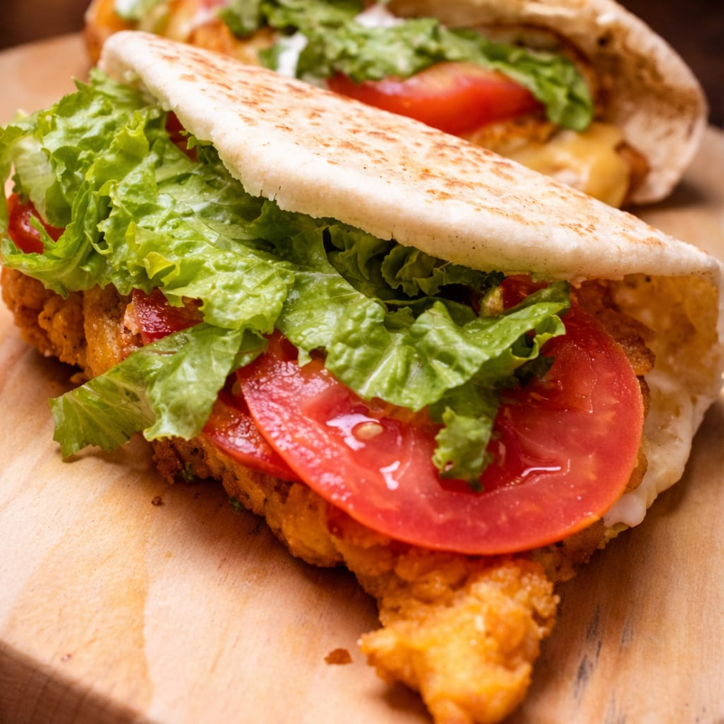 Pão sírio fresquinho recheado com frango empanado crocante,ovo, queijo prato, cream cheese, maionese, alface, tomate e cebola roxa.