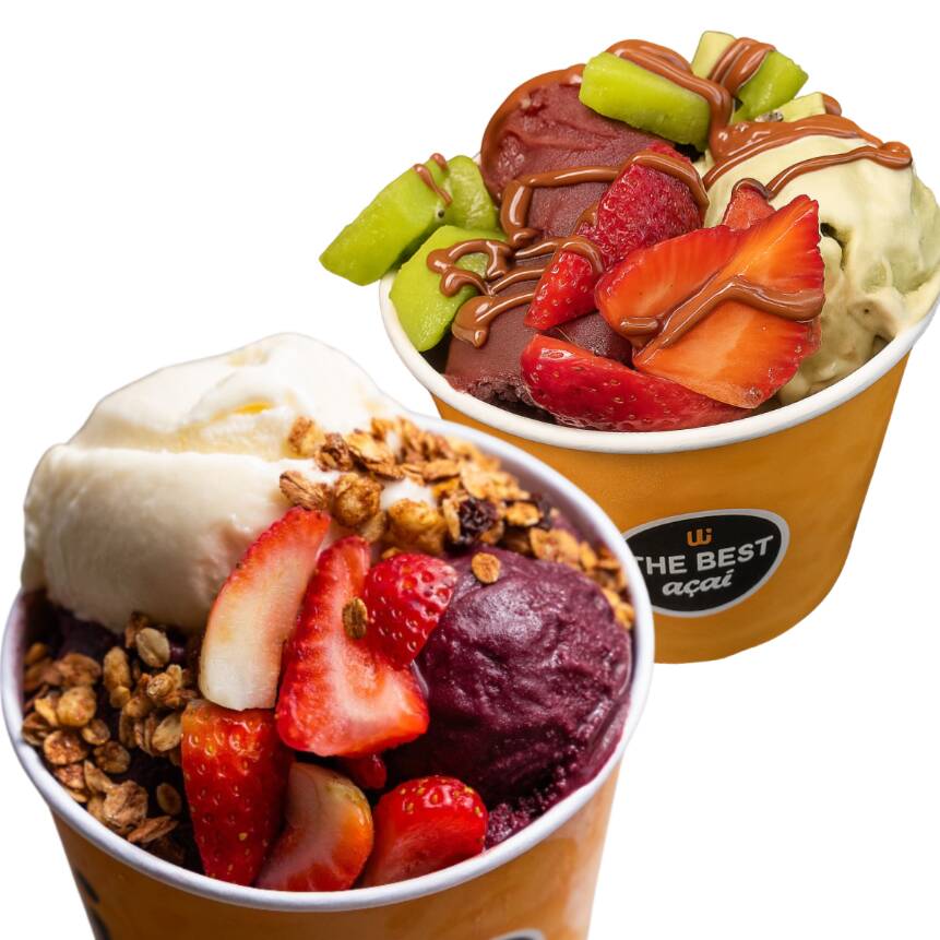 Monte cada copo do seu jeito: escolha até 2 sabores de açaí e/ou sorvete super cremoso e adicione 3 complementos grátis de sua preferência. Ideal para dividir ou aproveitar em dose dupla!