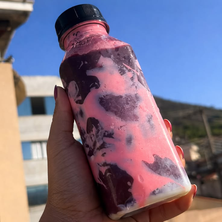 Açaí, leite em pó, leite condensado e morango