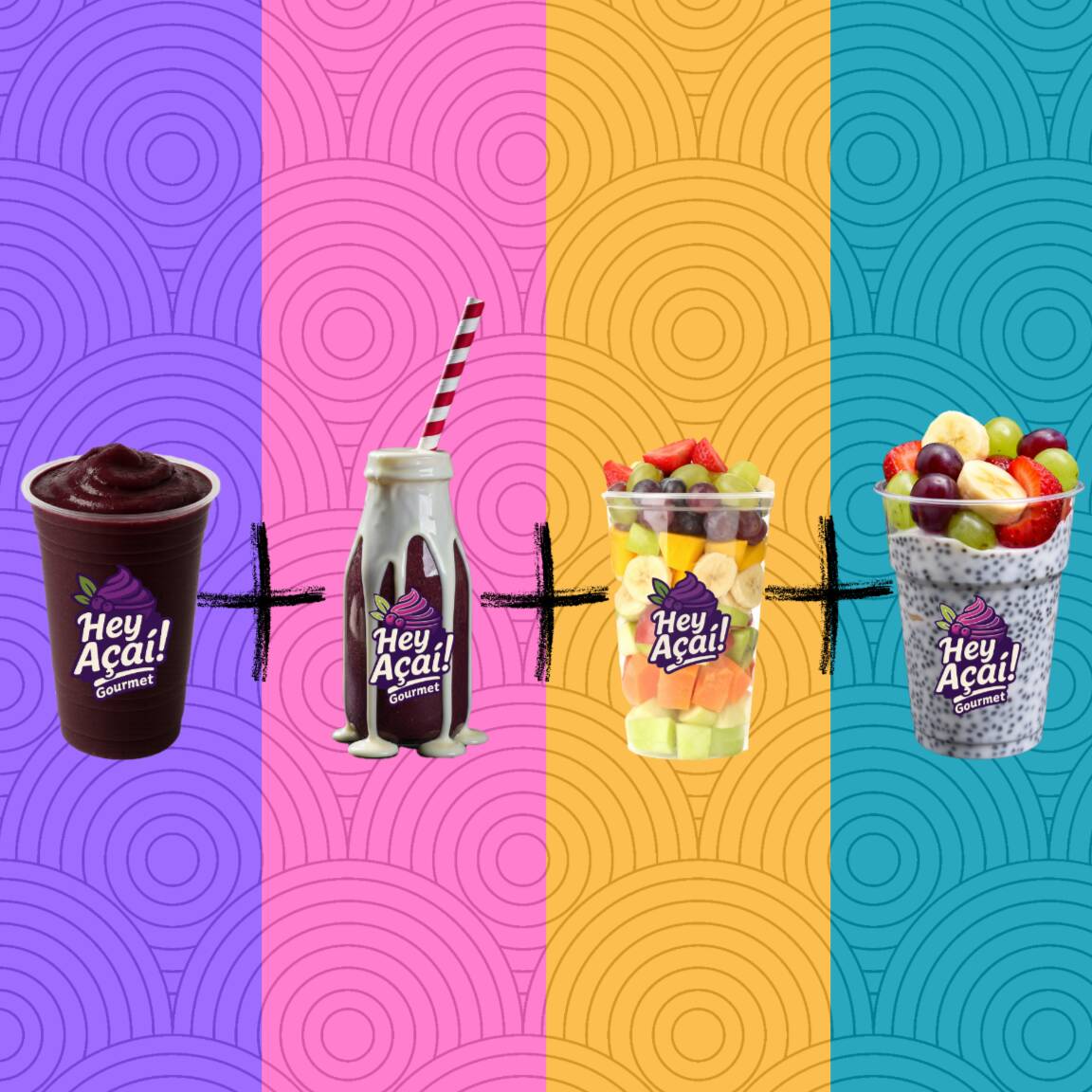 1 açaí 300ml leite condensado + leite em pó/ 1 açaí na garrafa 300ml com leite condensado/1 salada de frutas 300ml com granola/ 1 iogurte no copo 300ml com chia hidratada + uva verde + morango