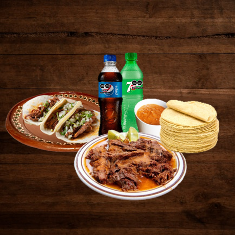 Birria Grande, 3 Tacos de Chamorro y 2 Refrescos