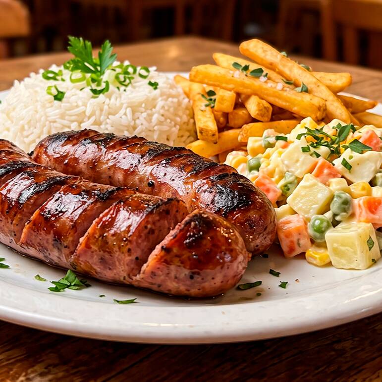 Linguiça toscana grelhada, 160 gramas, acompanha arroz soltinho, batata frita em palito, salada de maionese brasileira.