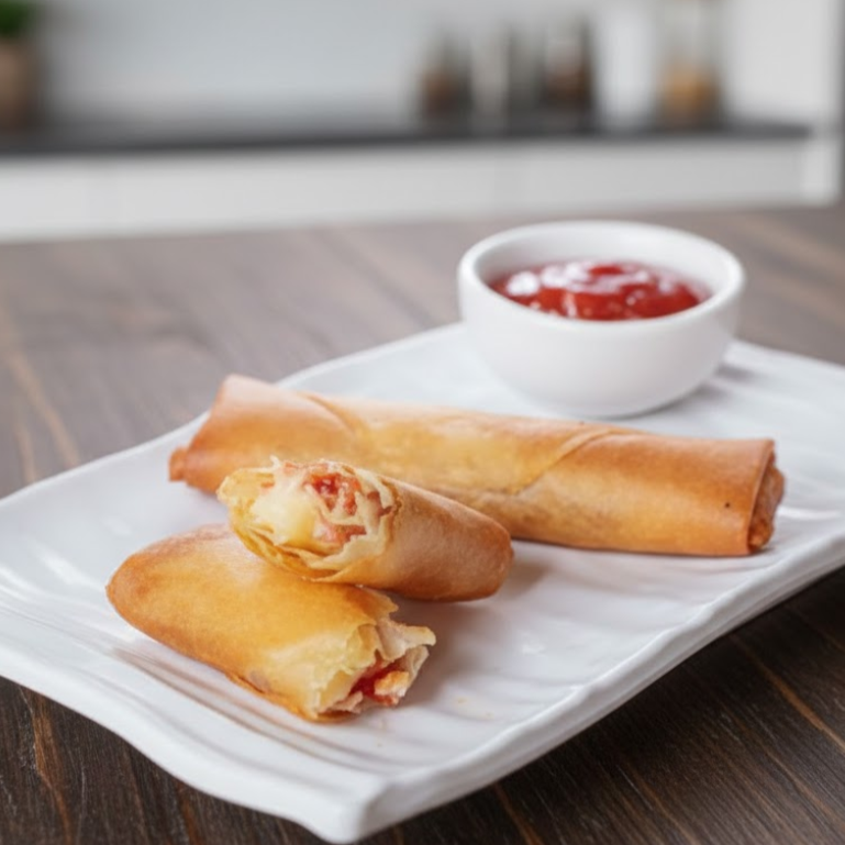 Rolinho primavera ou Harumaki, massa crocante recheado com requeijão com goiabada.
