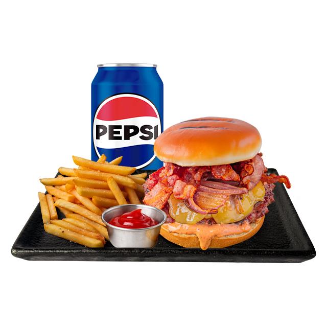 AMERICAN CHEESE BURGUER + PAPAS FRITAS + REFRESCO LATA