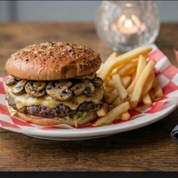 Hambuguesa con Champiñones y Papas a la Francesa
