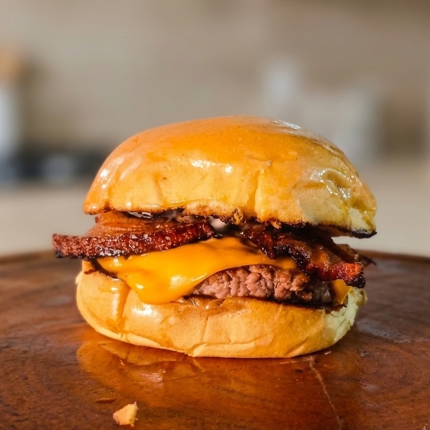 Burger artesanal, muito queijo cheddar derretido e tiras de bacon bem crocantes, servidos no pão brioche amanteigado. A combinação dos deuses!
