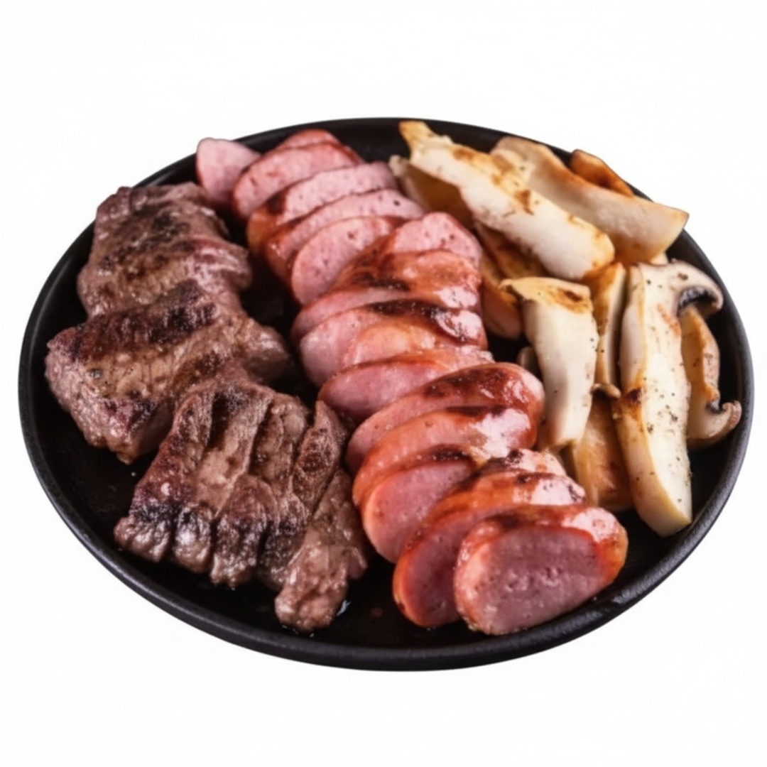 Mix de churrasco assado na brasa. Carne, frango e toscana. Acompanha arroz e feijão macassa. Cortesia da casa: farofa e vinagrete, quando disponíveis. Serve até 2 pessoas.