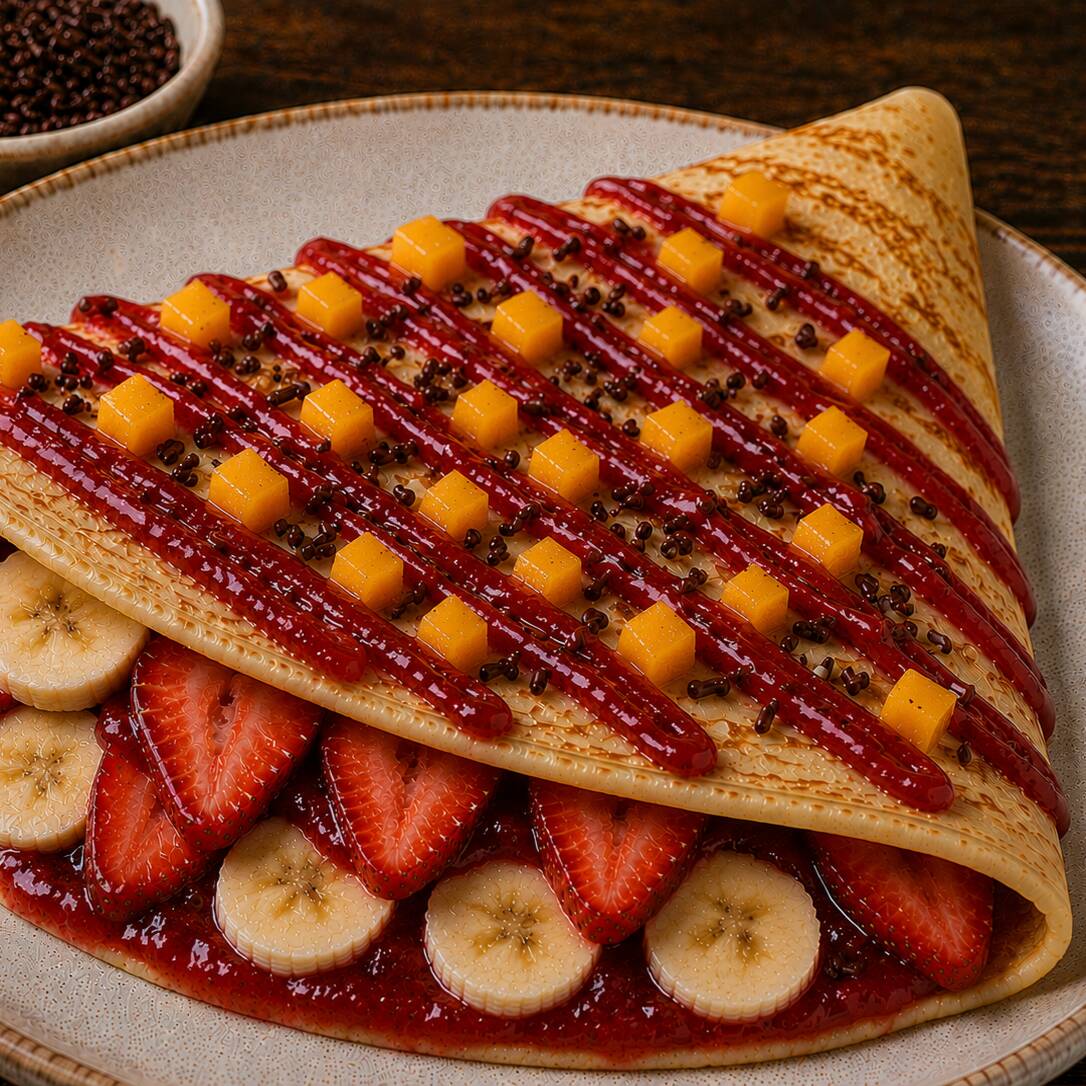 CREPA CON MERMELADA DE FRESA Y FRUTAS