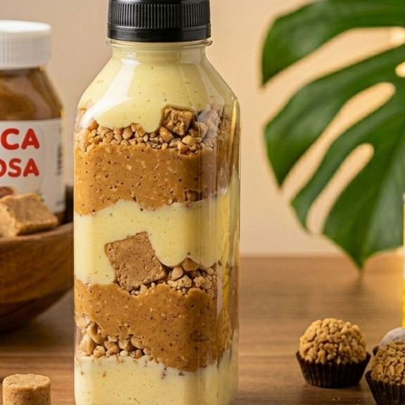 IMAGEM ILUSTRATIVA. Açaí servido em garrafa com paçoca e leite em pó