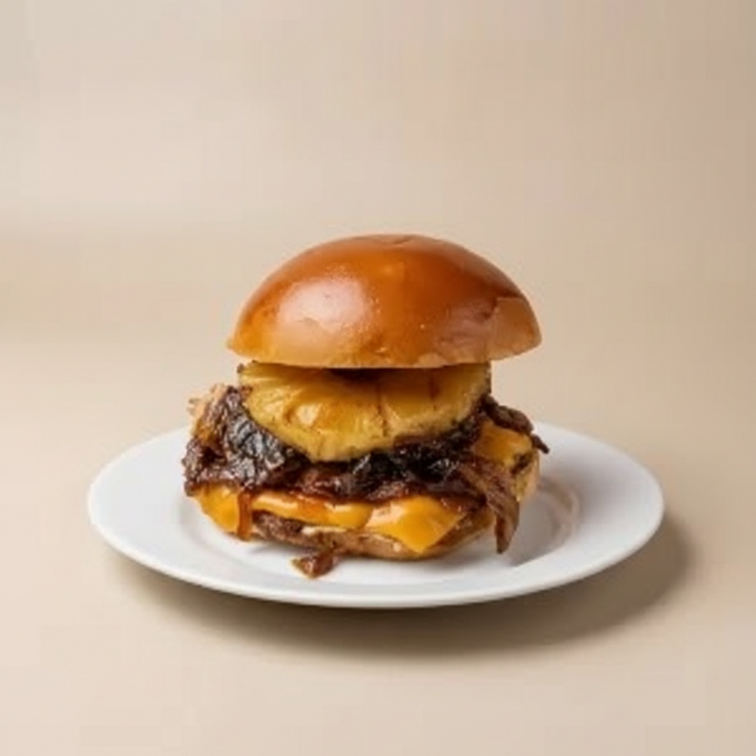 Pão de brioche, uma carne 100g, queijo cheddar fatiado, abacaxi, bacon, cebola caramelizada e molho da casa no potinho.
