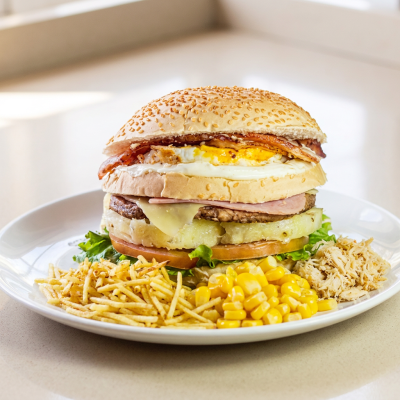 Pão fofinho, carne de hambúrguer 90g, queijo, ovo, saboroso bacon, presunto, salada, milho, batata, frango desfiado, Catupiry e abacaxi