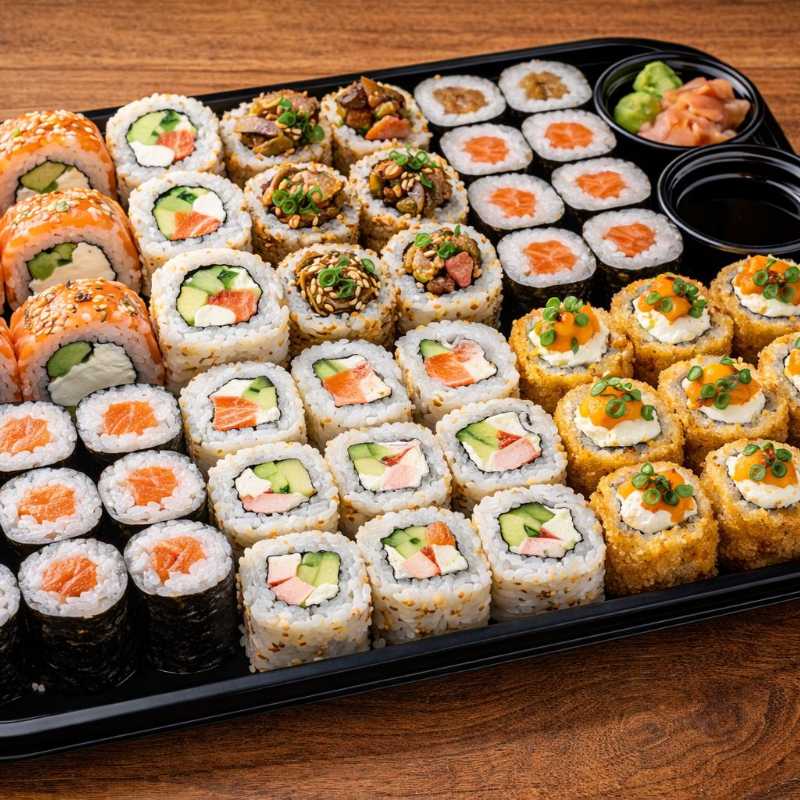 8 unidades de Uramaki Filadélfia, 8 Uramaki Califórnia, 8 Uramaki Skin, 8 Hossomaki Salmão, 8 Uramaki Kani Filadélfia, 10 Hot Filadélfia.