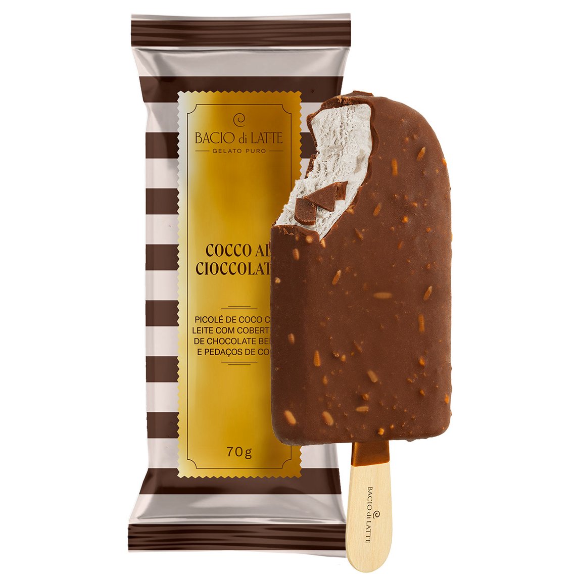 Picolé de coco com leite, com cobertura de chocolate belga e pedaços de coco