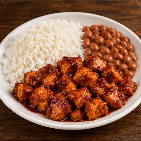 Frango Bbq Barbecue, arroz, feijão. Marmita Pequena 500ml