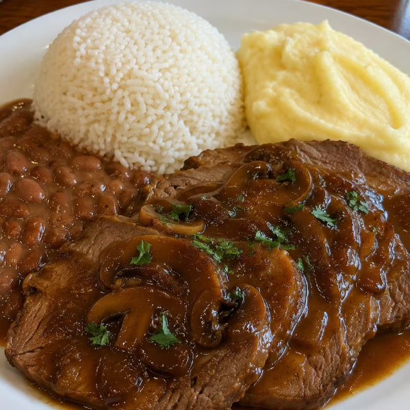 Ao molho madeira com arroz, feijão e purê. Toda sexta-feira!
