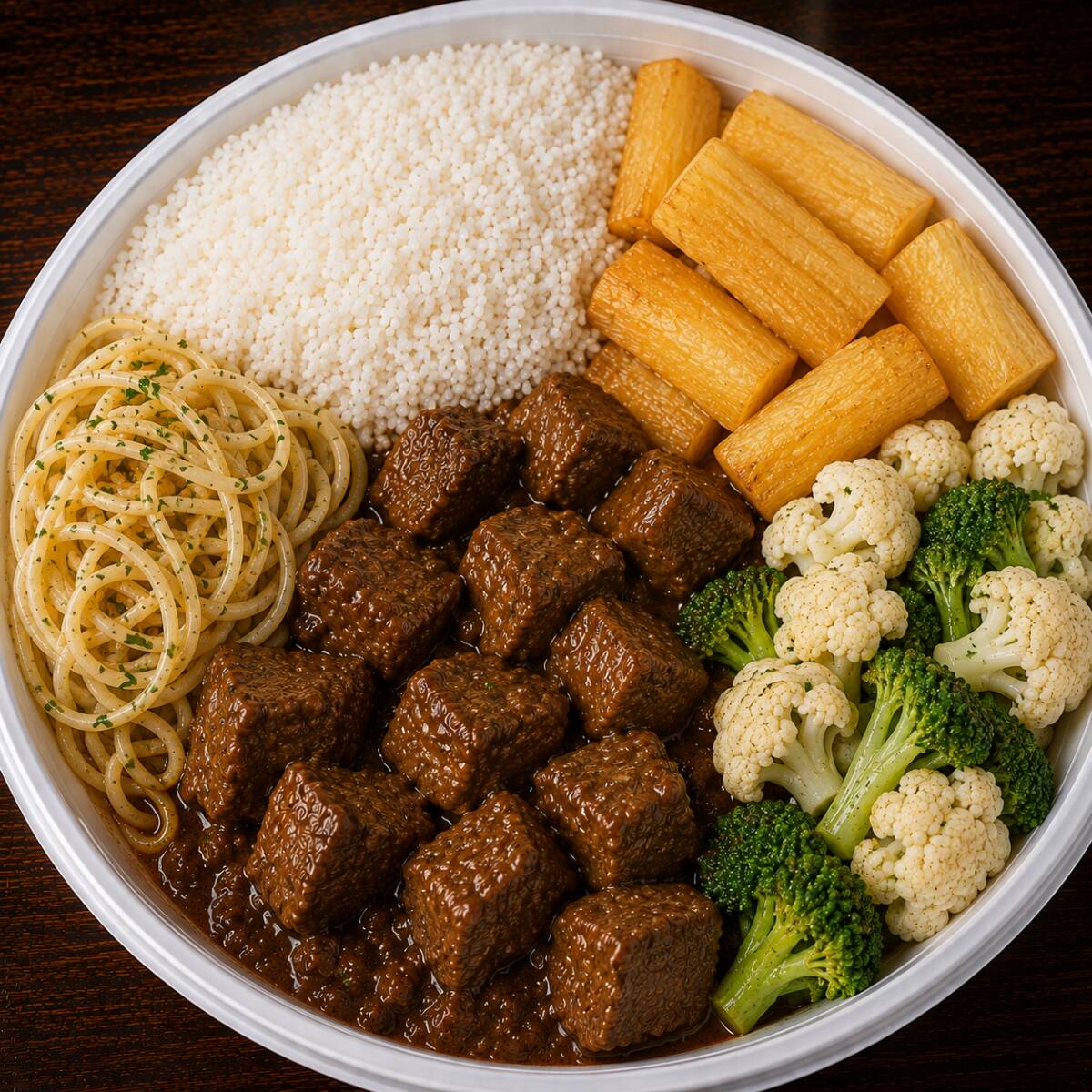 Carne de panela super macia, cozida lentamente , em um molho saboroso e encorpado. Acompanha arroz branco soltinho, Feijão Fresquinho ,salada de couve flor e brócolis , Mandioca Frita e macarrão alho e óleo. Sabor de comida caseira que conquista qualquer um!