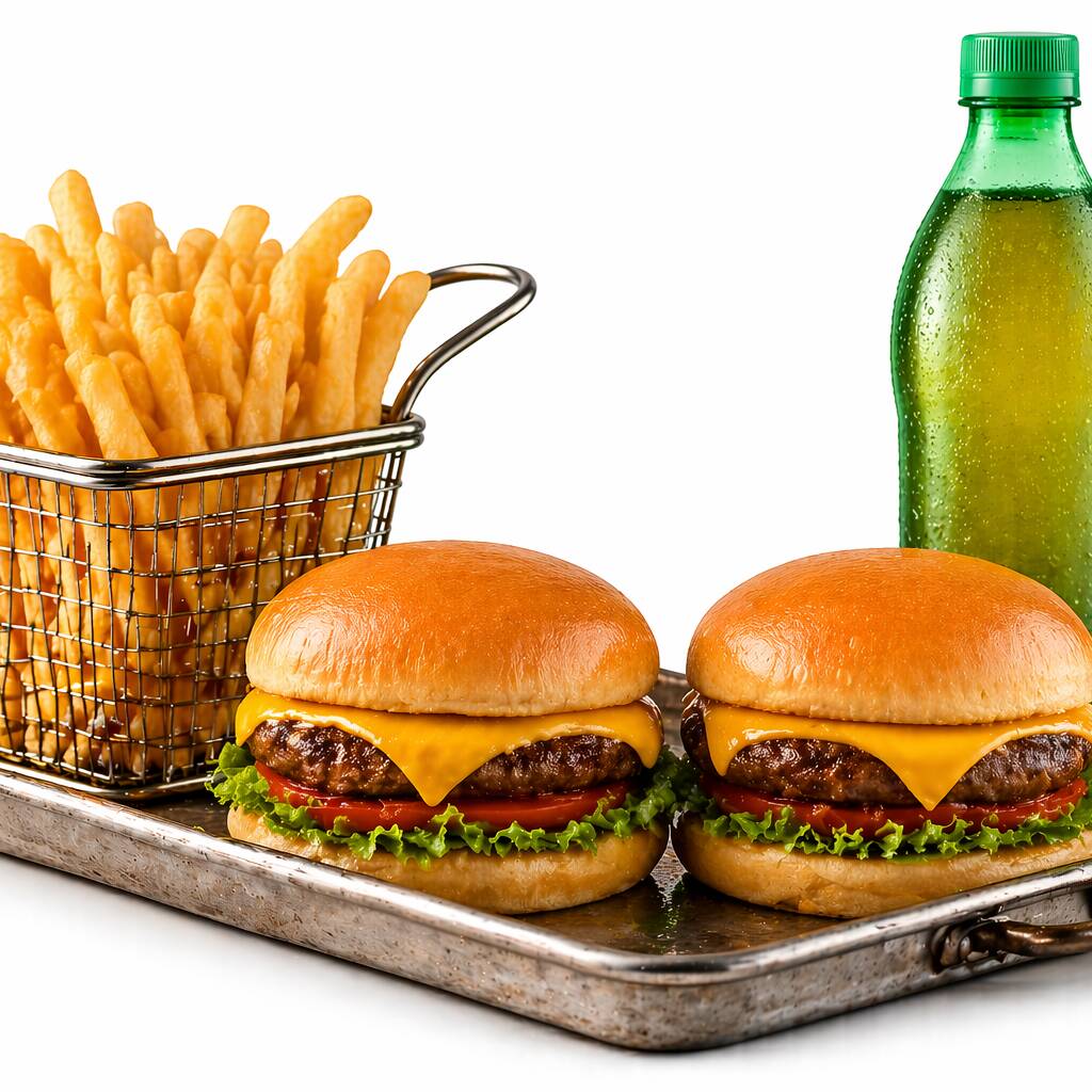 Combo especial para matar a fome com estilo, lanche mais batata. 2 lanches, refrigerante 2 L, batata frita.