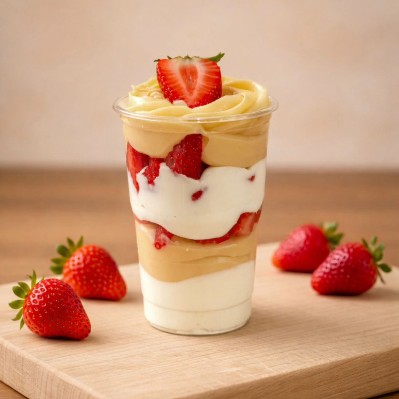 Montado no copo de 250ml - Esse copo contém camadas de mousse de ninho, brigadeiro cremoso de ninho e pedaços de morangos frescos.