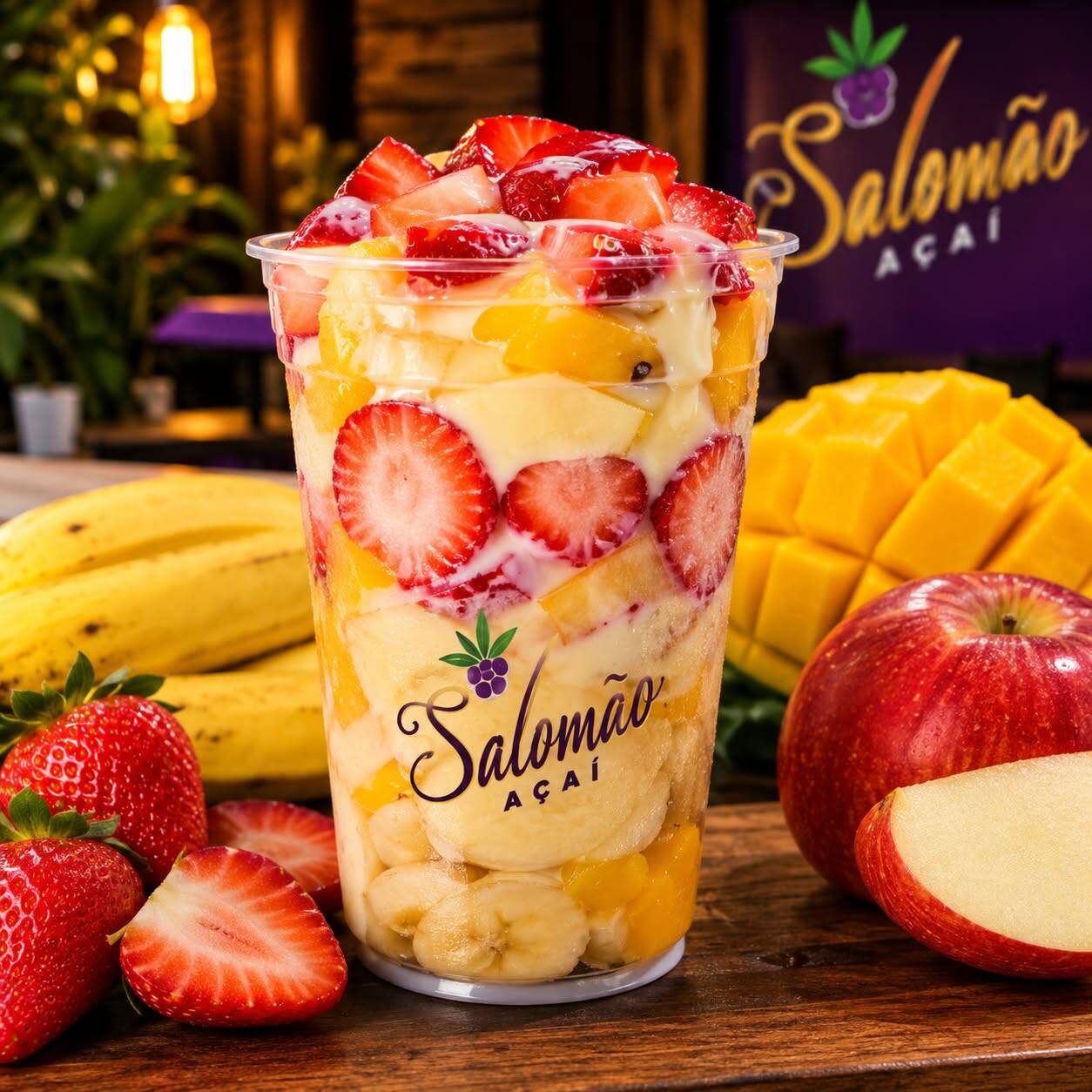 Deliciosa salada de frutas ( acompanha morango , maçã , banana , , manga )