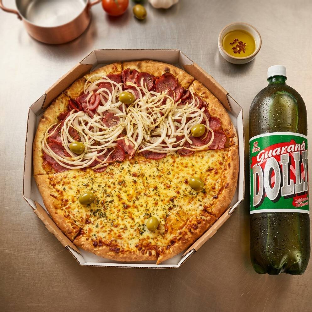 Pizza de calabresa clássica feita com molho de tomate, generosas fatias de calabresa e cebola fresca, finalizada com orégano para realçar o sabor. Combinação perfeita entre massa crocante e recheio suculento.