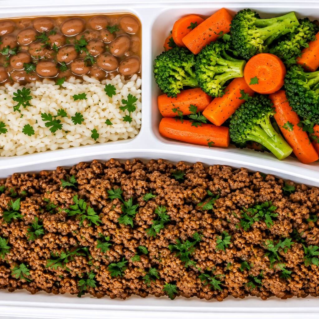 160 g de patinho, 180 g de arroz, 100 g de feijão e 100 g de legumes. Uma refeição completa, nutritiva e saborosa, perfeita para o Dia a Dia. ≈ 650 kcal | ≈ 48 g de proteína.