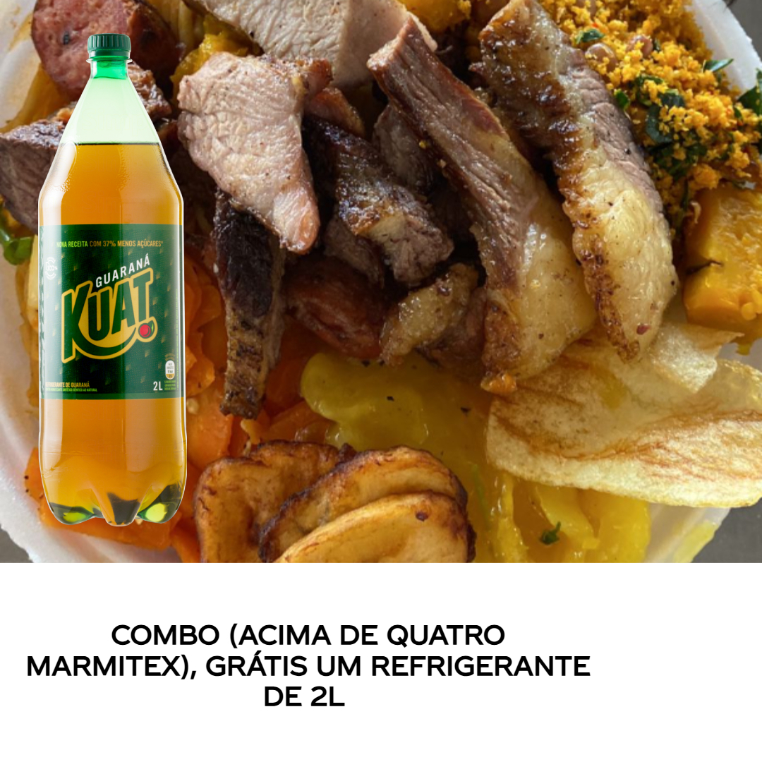 Arroz branco , feijão de caldo, legumes, macarrão, banana frita, mandioca cozida e churrasco. ACOMPANHA MIX DE SALADA Obs. : Na falta de um dos acompanhamentos será substituído por algum item do cardápio do dia.