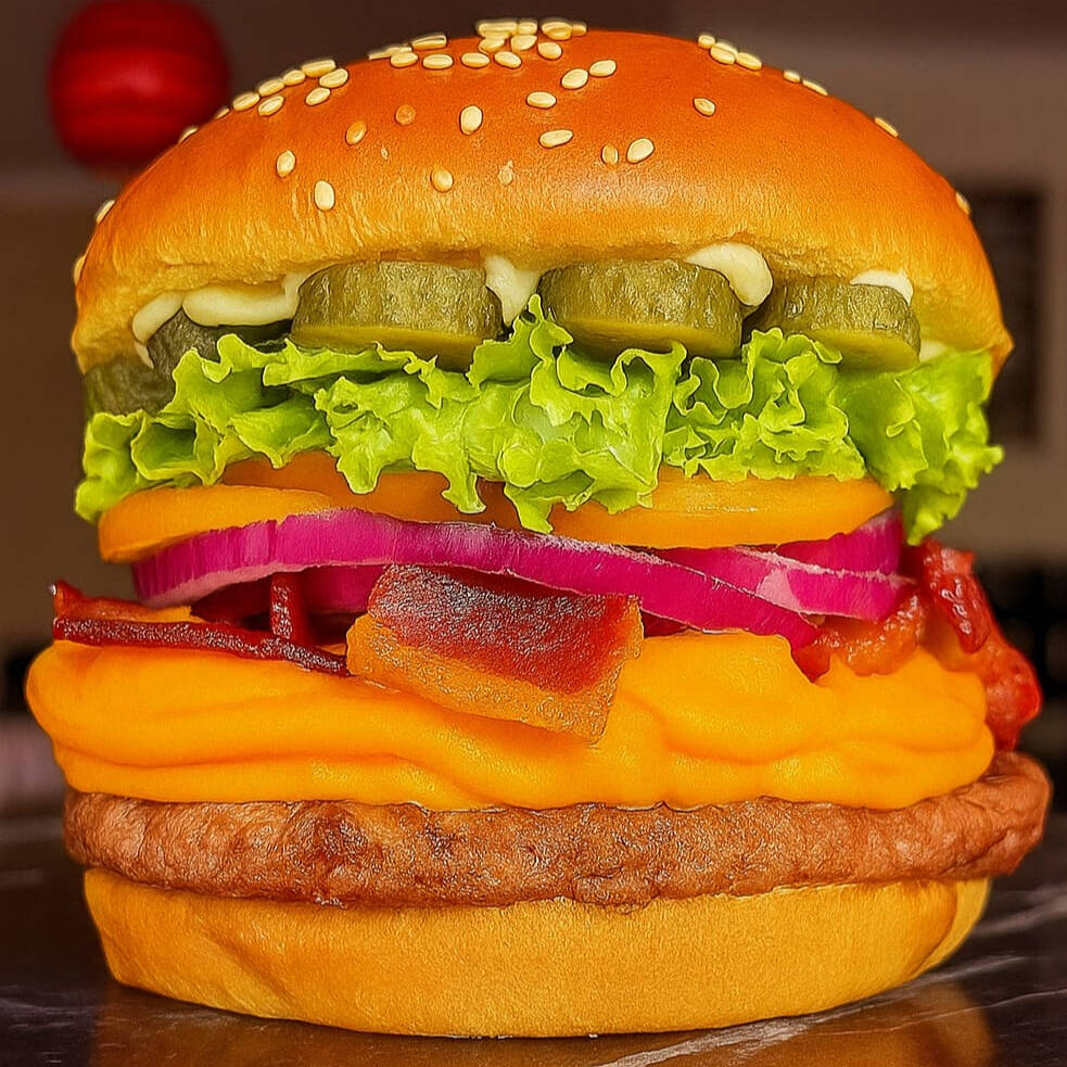 Pão brioche, blend, queijo de sua preferencia, bacon, cebola roxa crua, tomate, alface, picles e maionese.