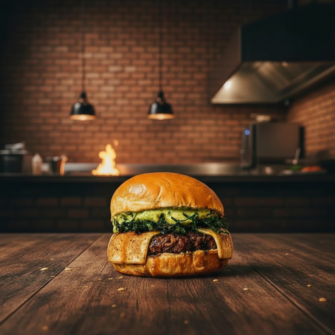 Pão brioche, blend de fraldinha 130gr, queijo coalho maçaricado, couve crispy, melaço de cano e maionese de chimichurri ao suco do limão.