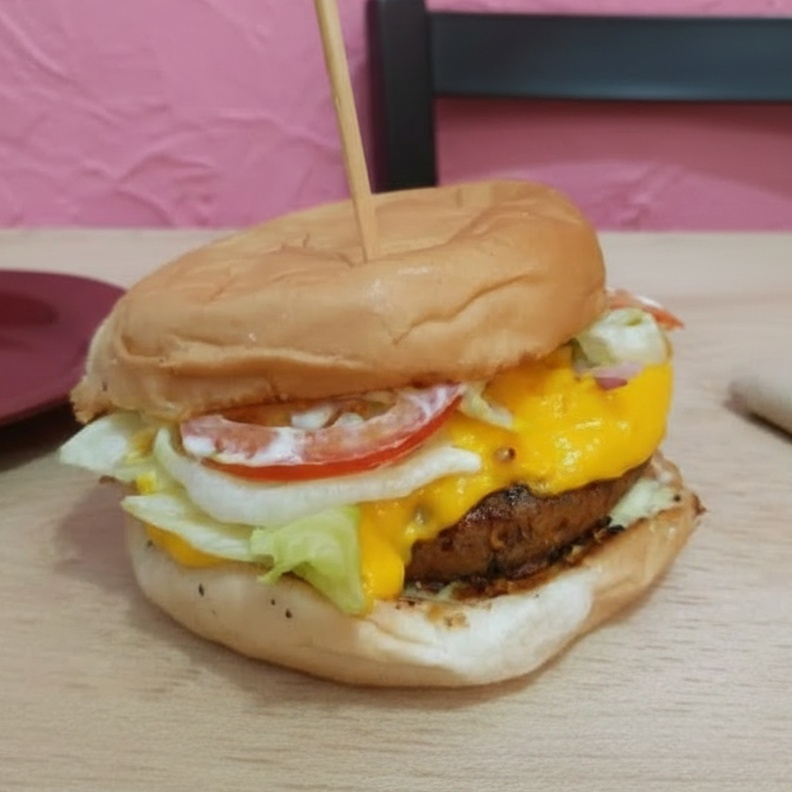 Hambúrguer delicioso de proteína texturizada de soja temperado com especiarias, barbecue, cheddar vegano, alface, tomate, cebola roxa e maionese da casa.
