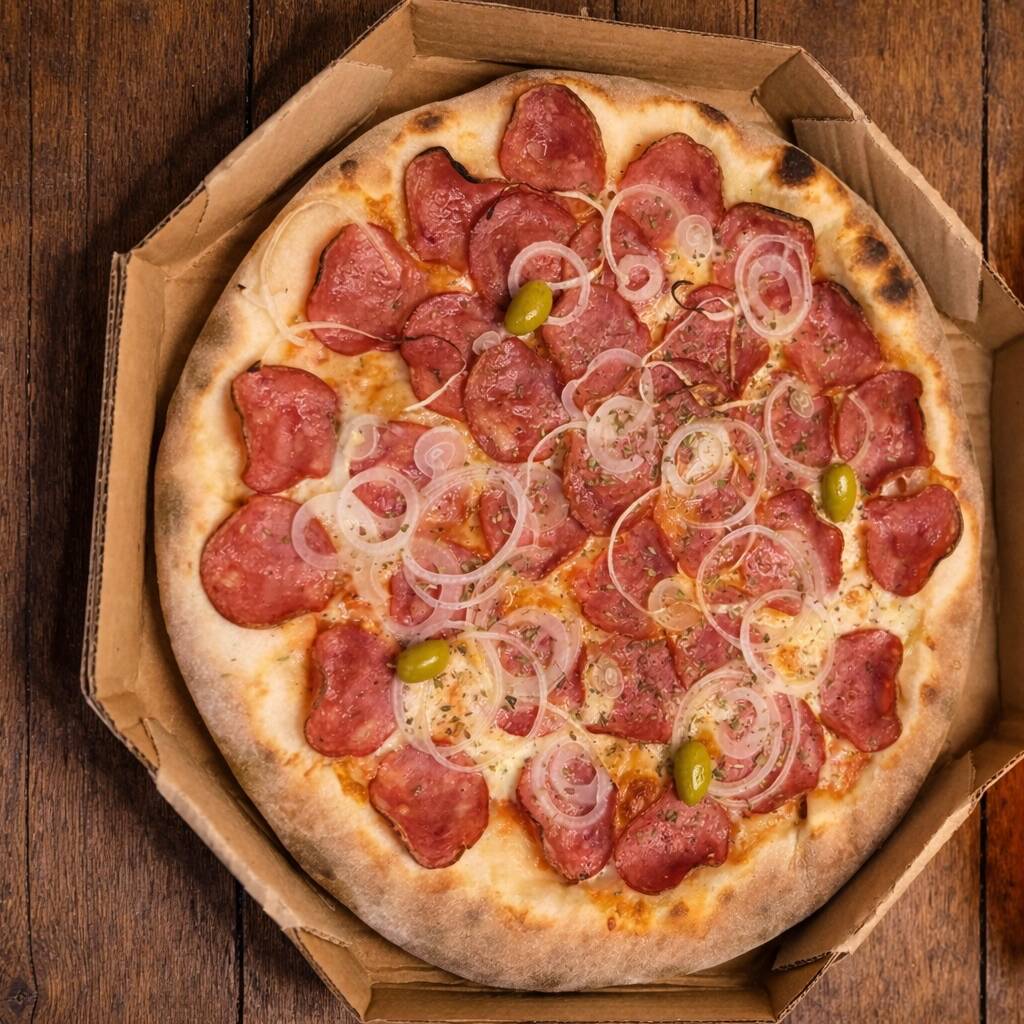 CALABRESA MUSARELA MOLHO DE TOMATE CEBOLA ORÉGANO E AZEITONA
