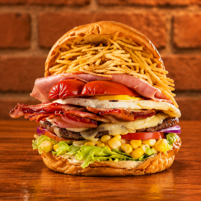 Pão com 2 burguers artesanais 60g, 2 ovos, 2 salsichas, bacon, abacaxi, tomate, alface, cheddar, Catupiry e cebola. Uma combinação generosa e caprichada de sabores para matar a fome!