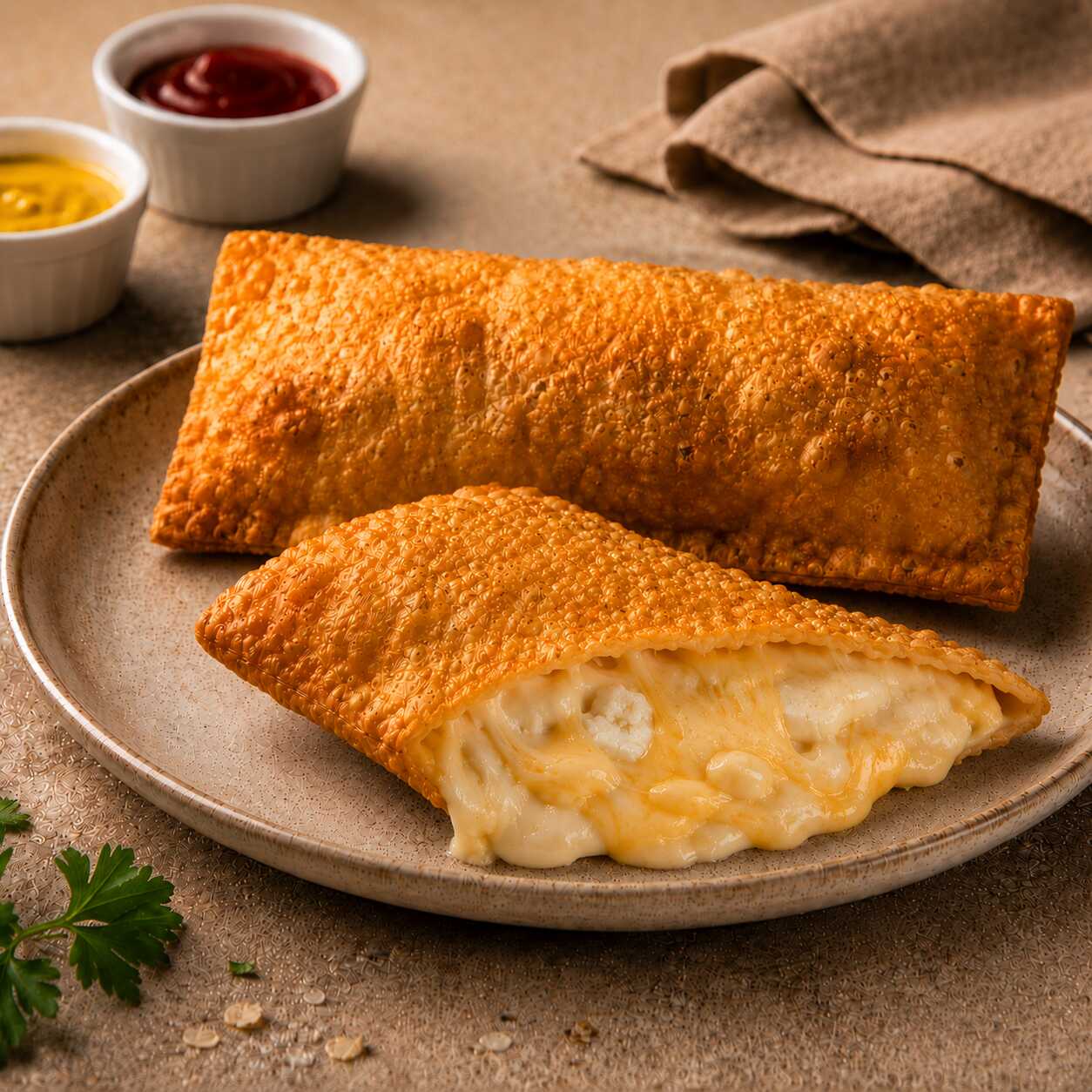 Uma mistura cremosa de queijos: parmesão, mussarela, requeijão e provolone, com tomate, ovo e azeitonas, para quem gosta de pastel bem recheado e cheio de sabor. Crocante, marcante e perfeito para matar a vontade de queijo. Adicione complementos e deixe o pedido ainda mais especial.