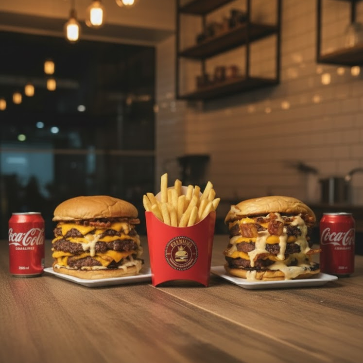 Contém 2 deliciosos sanduíches Bacon 300 com Pão Brioche, Bacon, 3 Hambúrgueres Artesanais de 100g, Molho da Casa e Ketchup, além de 2 latas de refrigerante a sua escolha e uma Batata Média.