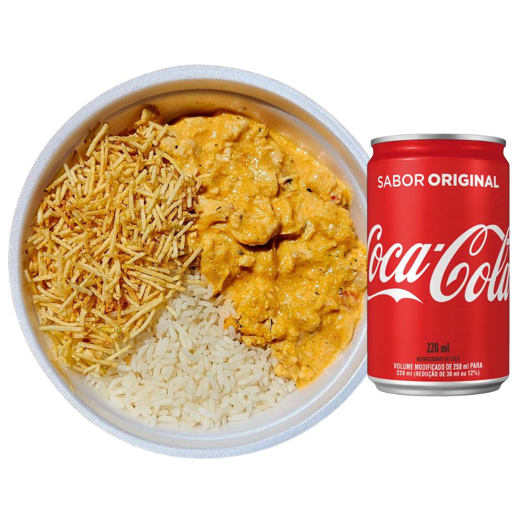 Leve um strognoff de frango, com arroz e batata palha + coca cola 220ml grátis.
