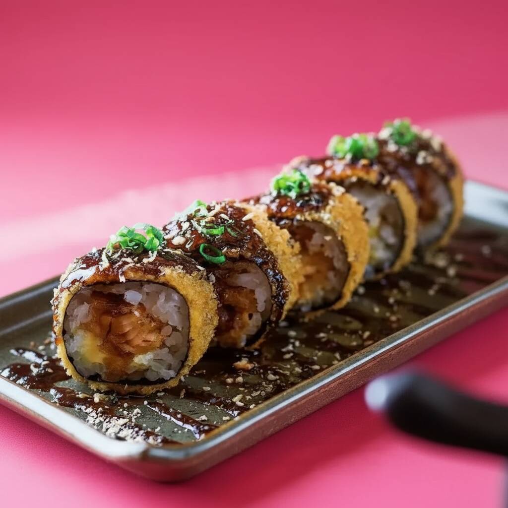 Hossomaki de salmão com cream cheese, cebolinha, empanado e frito.