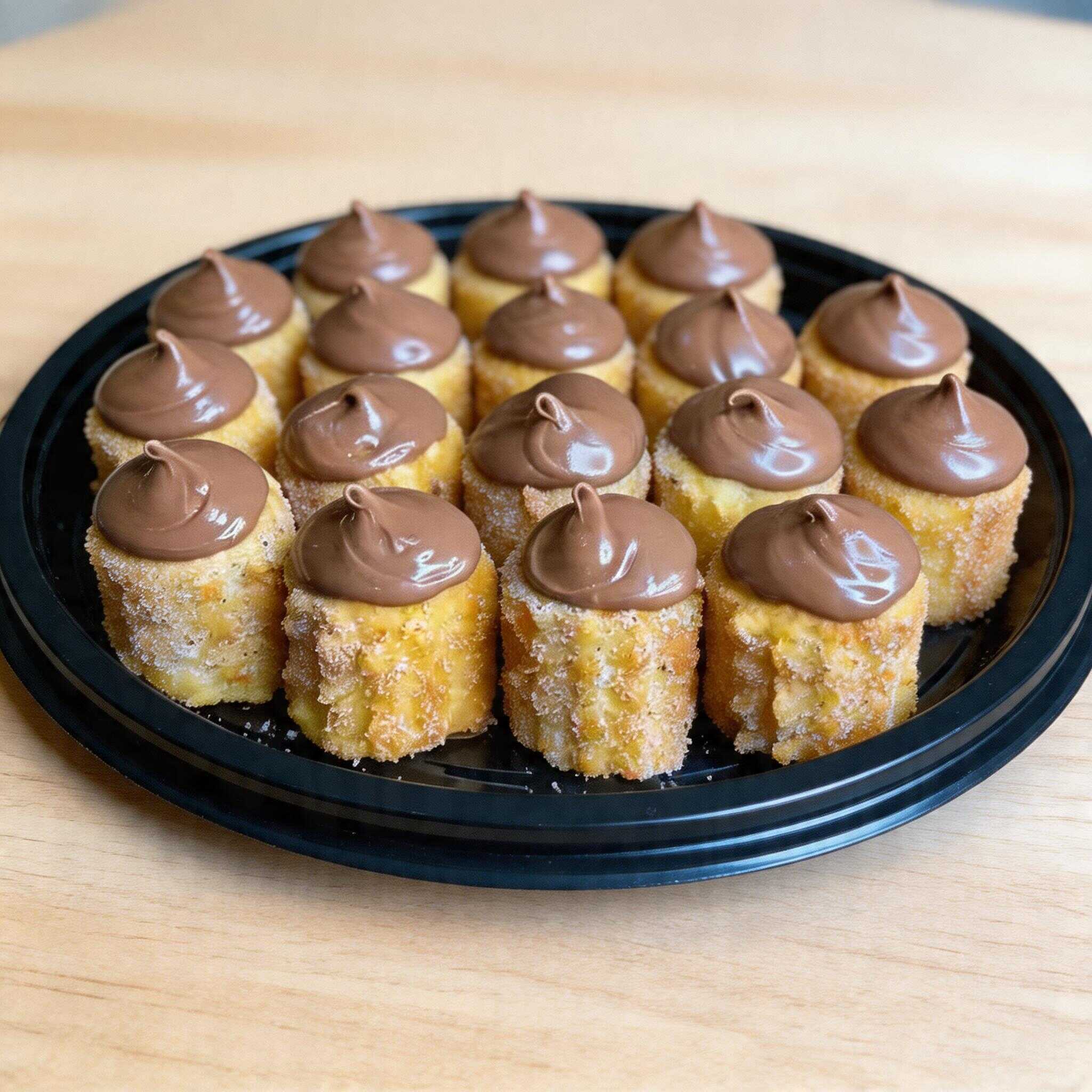 Desperte seu paladar com nossa 'Barca Premium Gourmet de Mini Churros com Nutella (25 unidades)'. Esta suntuosa barca, repleta de 25 mini churros crocantes e frescos, de aproximadamente 04 cm cada, é meticulosamente preparada na hora para garantir a máxima qualidade. Cada peça é delicadamente passada em uma mistura de açúcar com canela, trazendo um toque doce e aromático. Para finalizar, uma gener