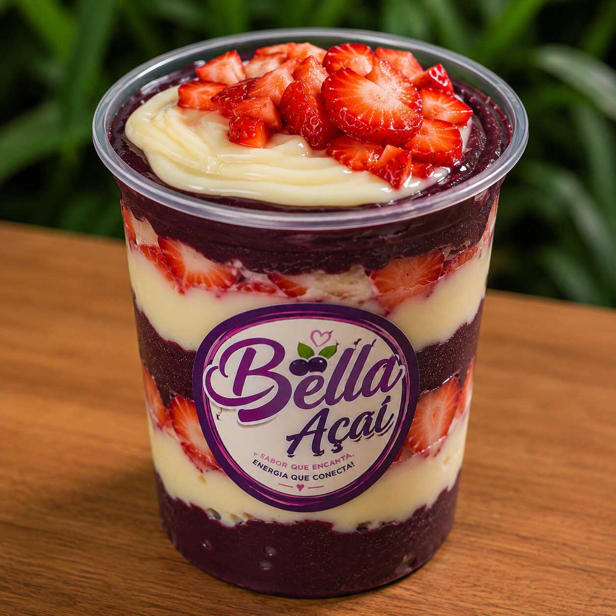 Açaí cremoso com morango, creme de leitinho, leite em pó e leite condensado. Uma combinação cremosa, docinha e irresistível!