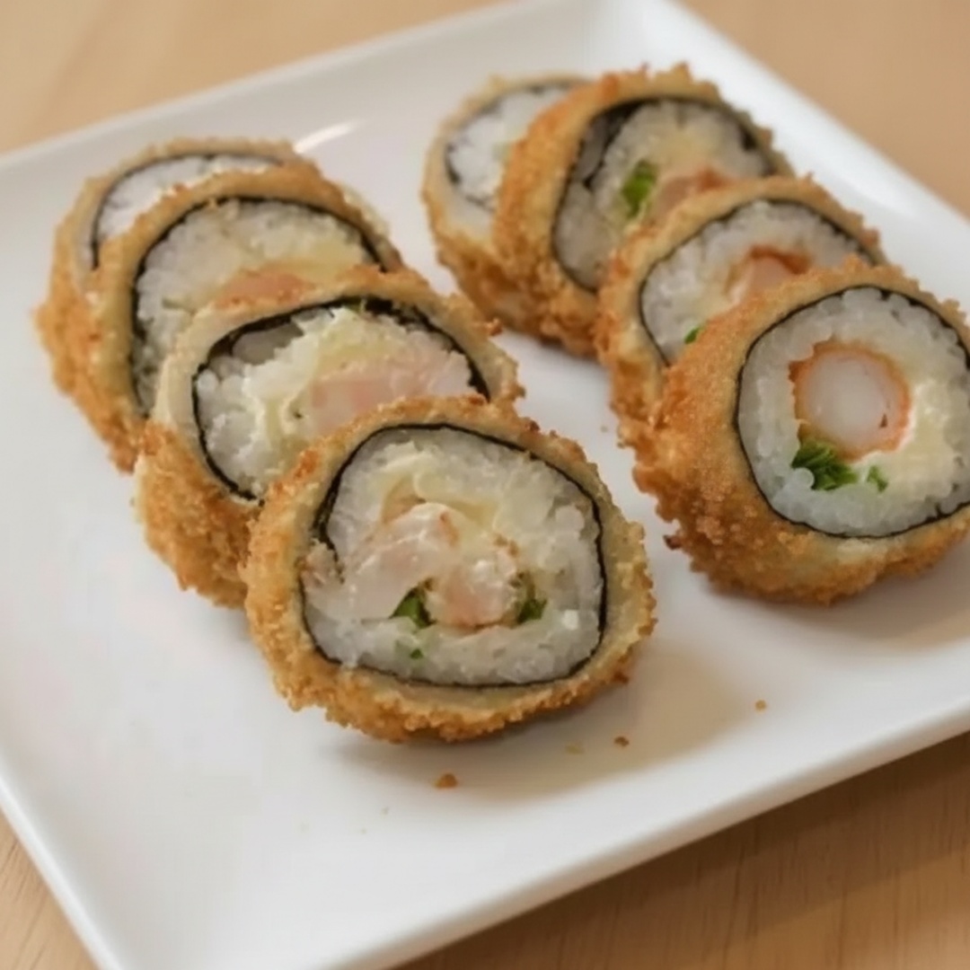 Camarão,creme cheese,arroz japonês ,empanado e frito inclui hashi,teriaki e shoyu