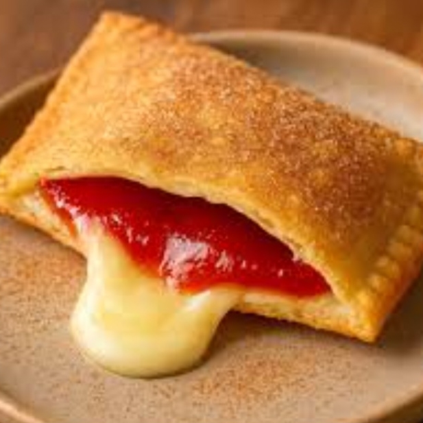 Delicioso pastel com mussarela e goiabada derretida.