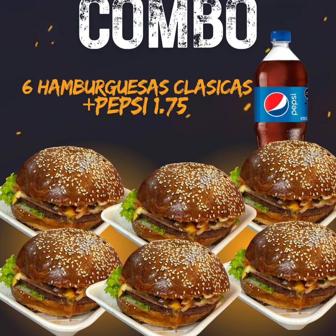 6 HAMBURGUESAS CLASICAS CON PEPSI DE 1.75