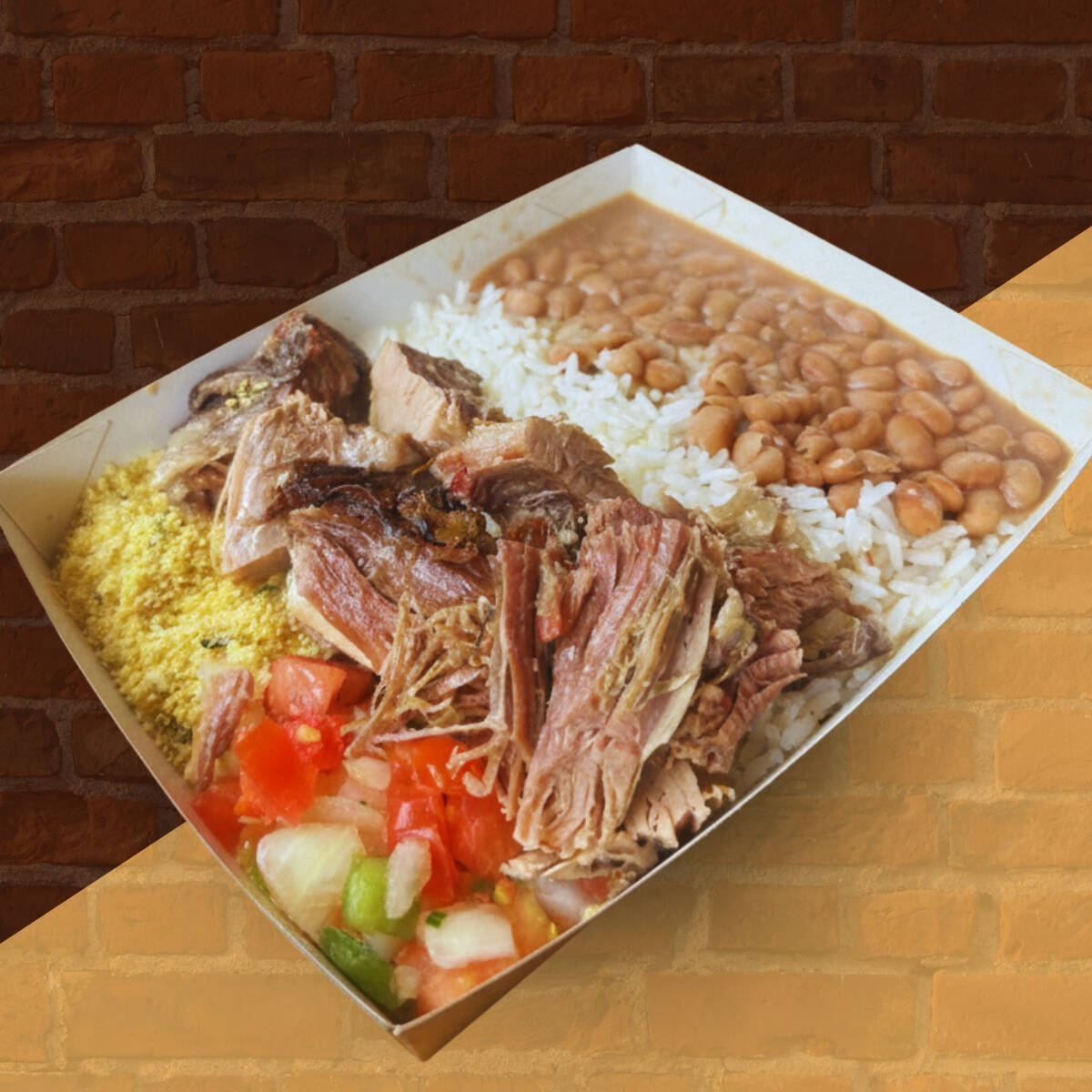 Costela Bovina (150g) assada na brasa por 7 horas, servida com arroz, feijão, vinagrete e farofa. *Não fazemos alterações*