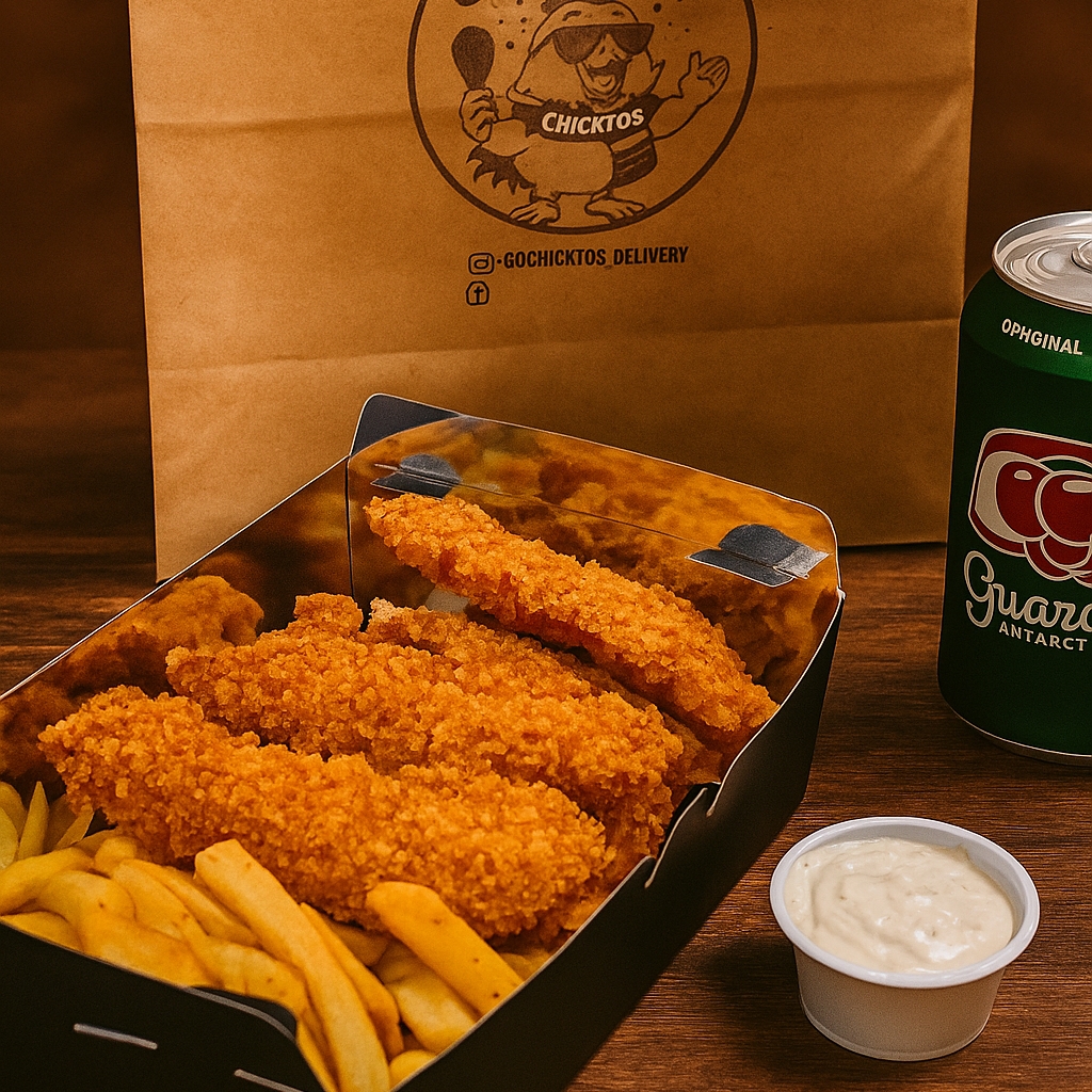 150 GRAMAS DE TIRAS DE FRANGO + 150 GRAMAS DE BATATA FRITA