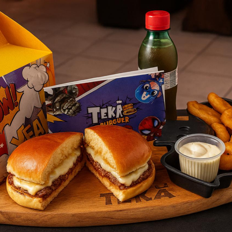 1 smash burguer com queijo cheddar derretido, molho da vovó ,batata de carinha , refrigerente 200ml,um livrinho de pintar Tekao goods e uma caixinha linda com jogo da memoria para recortar e se divertir...