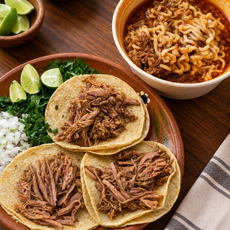3 Tacos de Maciza con Ramen Sencillo
