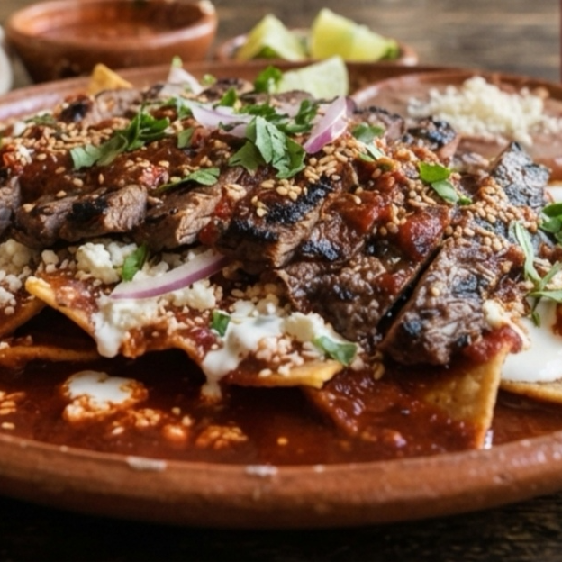 Chilaquil Rojo con Arrachera